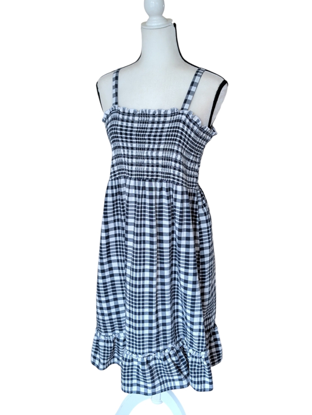 Faded Glory Organic Cotton Gingham Smocked Midi Sundress MEDIUM Navy White